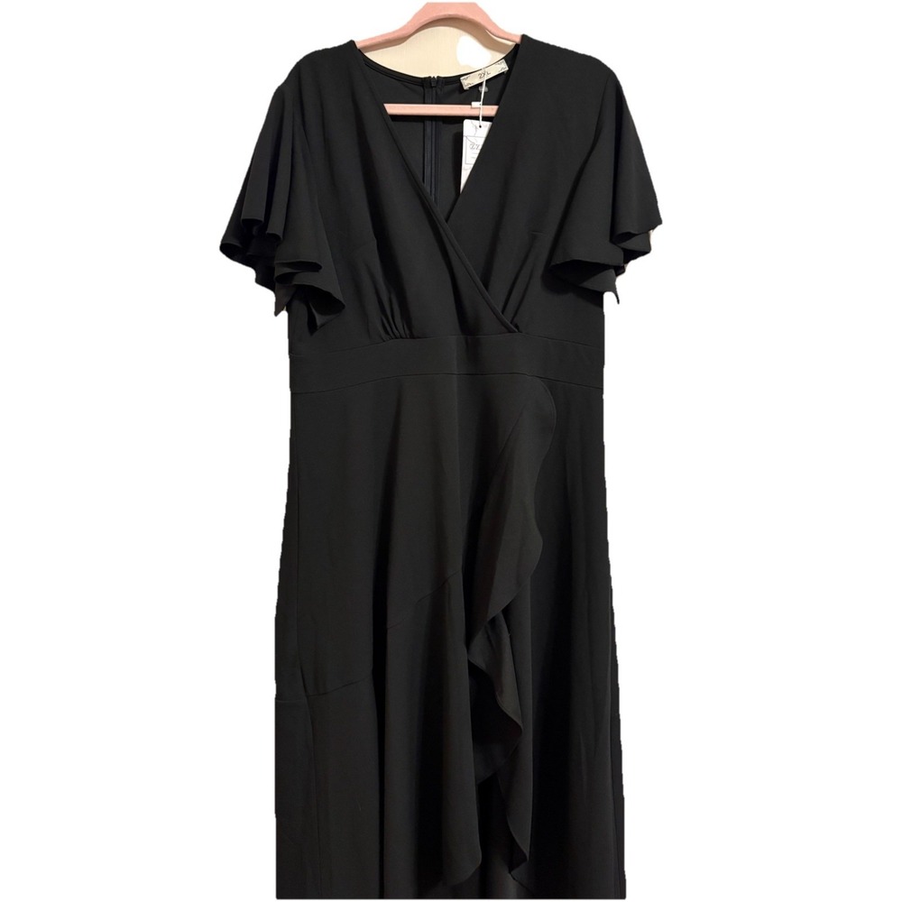 ZZV Black Wrap Dress V-Neck Flutter Short Sleeve Midi Zip Plus 2XL